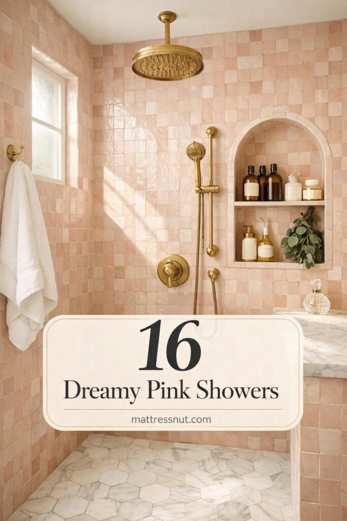 Elegant pink tiled shower with brass fixtures, glass enclosure, and soft lighting creating luxurious spa atmosphere