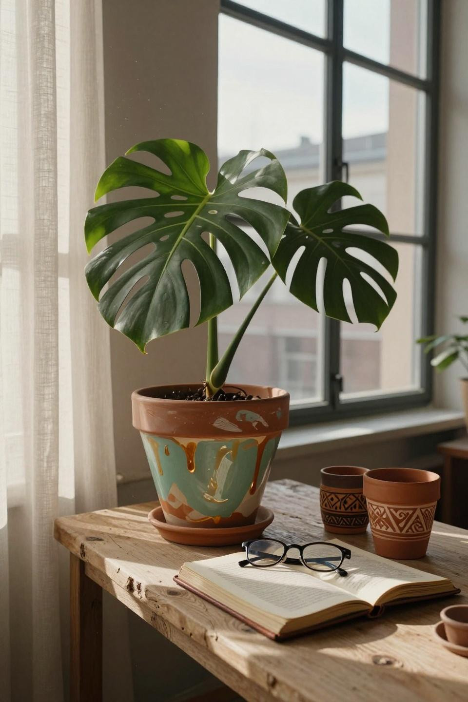monstera deliciosa in hand-thrown ceramic planter with celadon green glaze and honey-gold drips