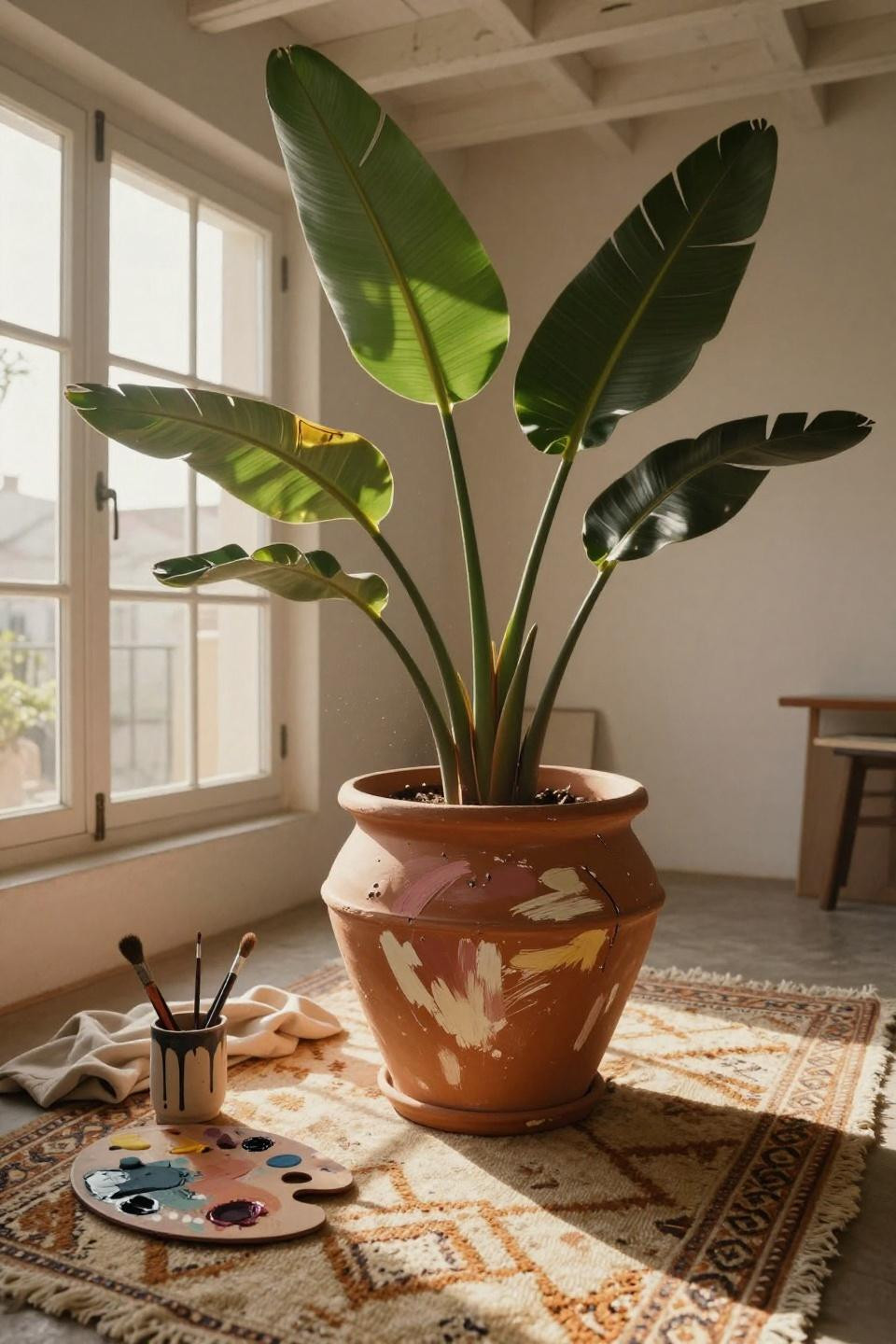 oversized hand-painted terracotta pot with burnt sienna and cream brushstrokes on vintage ivory wool rug