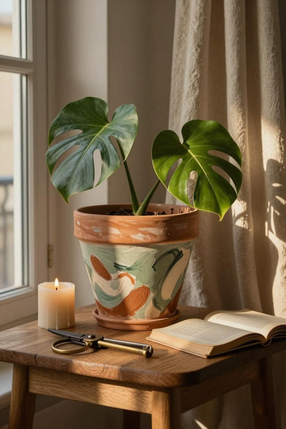 hand-painted terracotta pot with abstract sage and sienna brushstrokes holding monstera plant near linen curtain