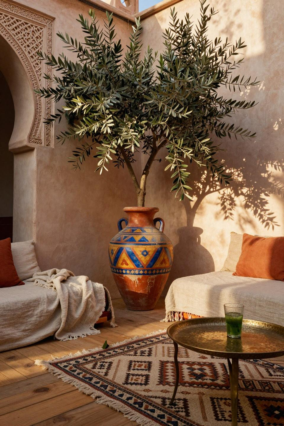 large hand-painted terracotta urn with cobalt blue geometric patterns holding olive tree in bohemian corner