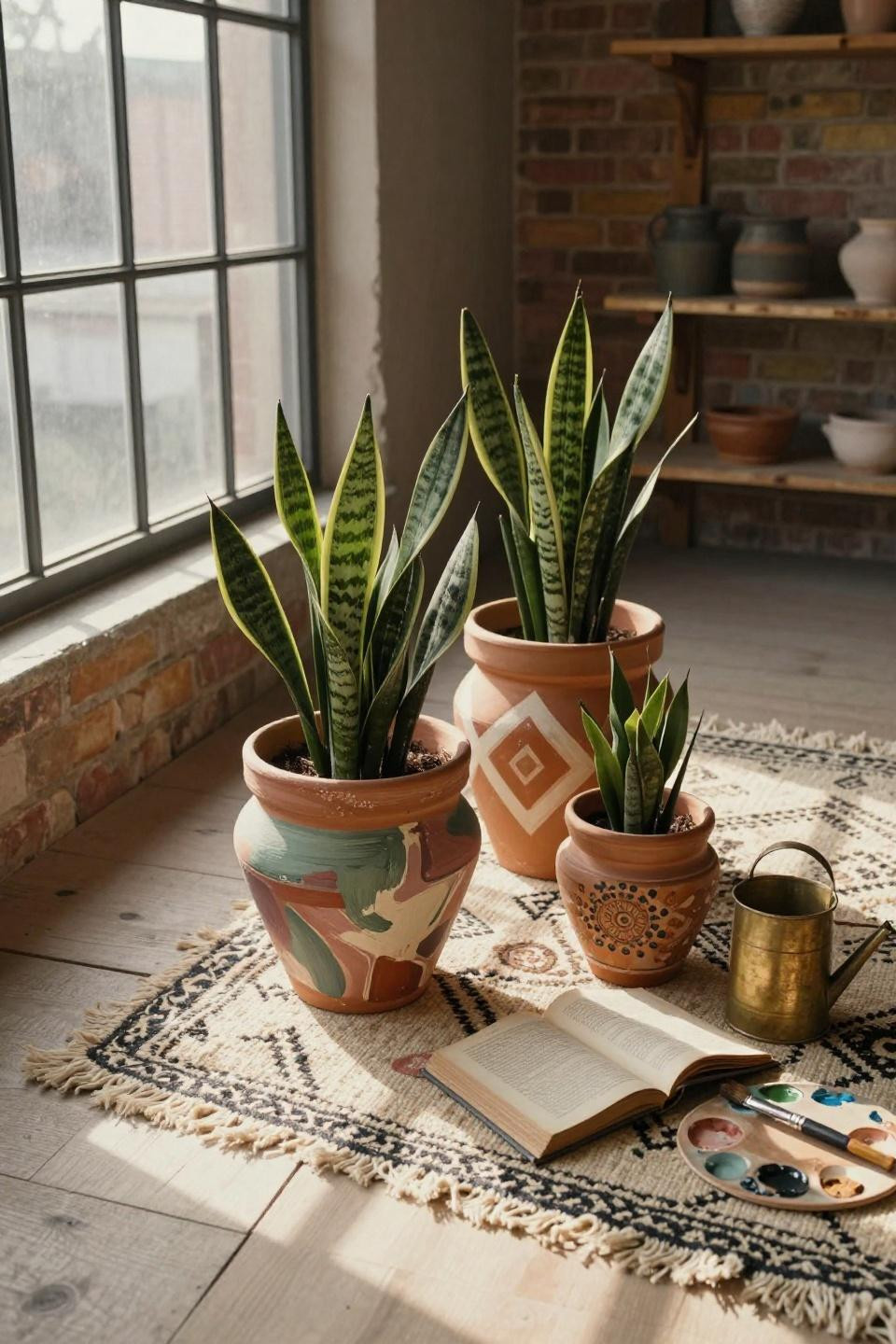 three graduated hand-painted terracotta pots with abstract patterns on vintage moroccan rug with trailing plants