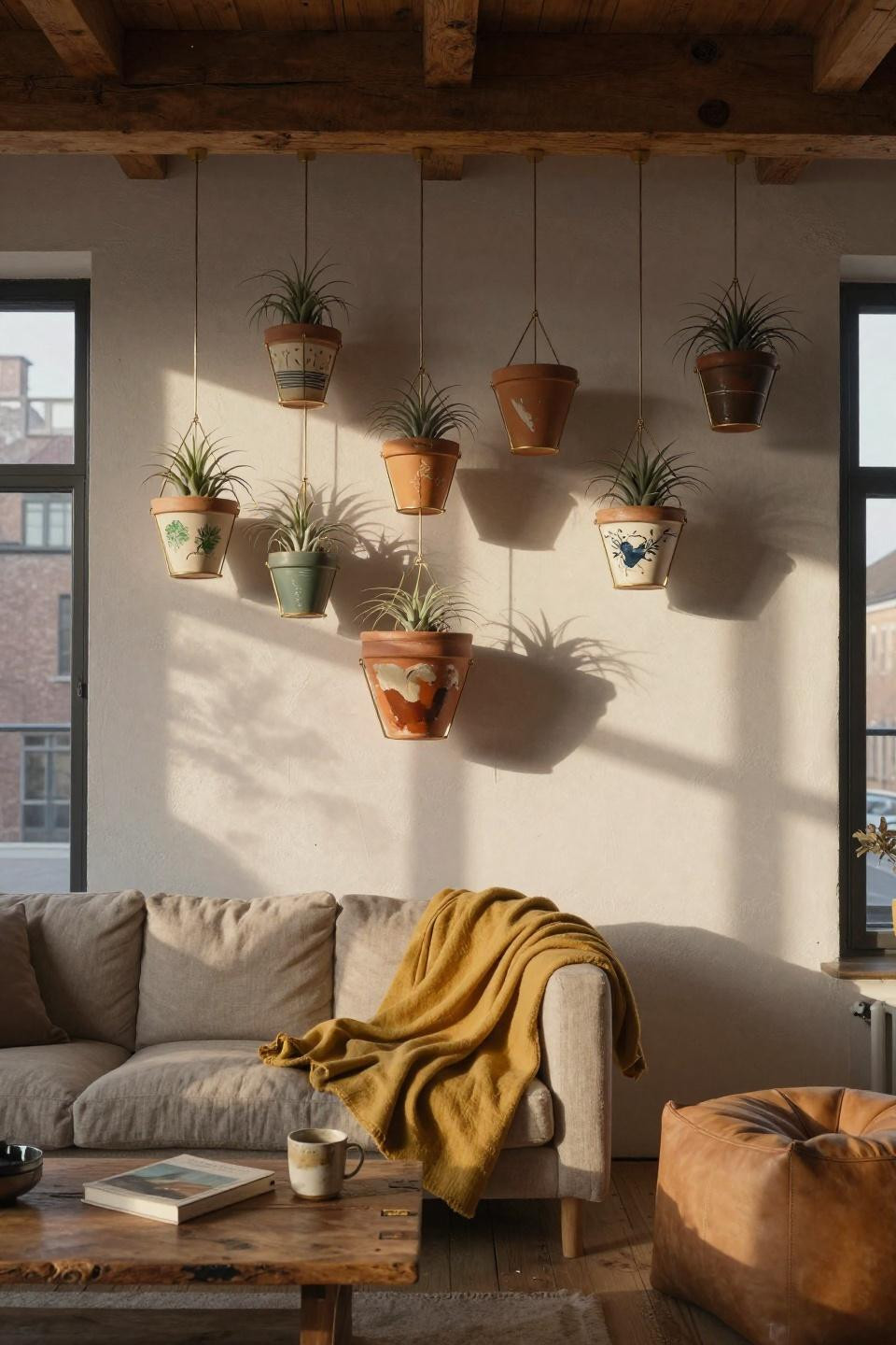 painted terracotta pots suspended from ceiling beam with brass holders housing air plants in copenhagen loft