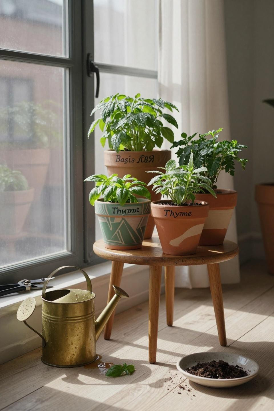 hand-painted terracotta pots with sage green geometric patterns and fresh herbs on teak plant stand near window