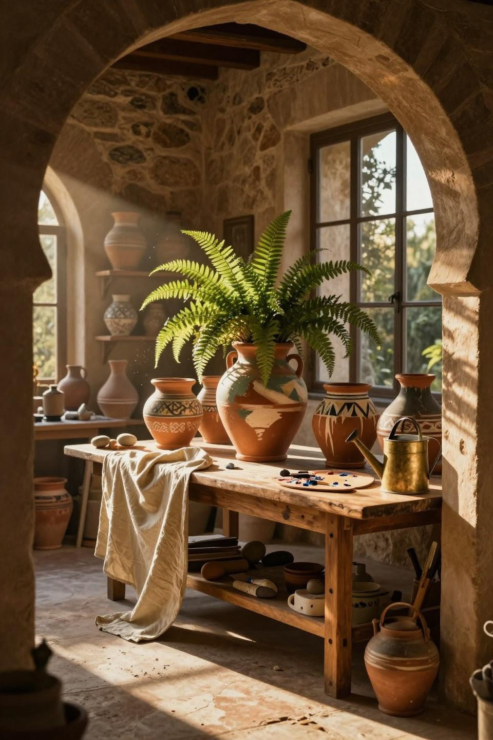 hand-painted terracotta pots with sage and sienna brushstrokes holding boston fern on reclaimed oak workbench