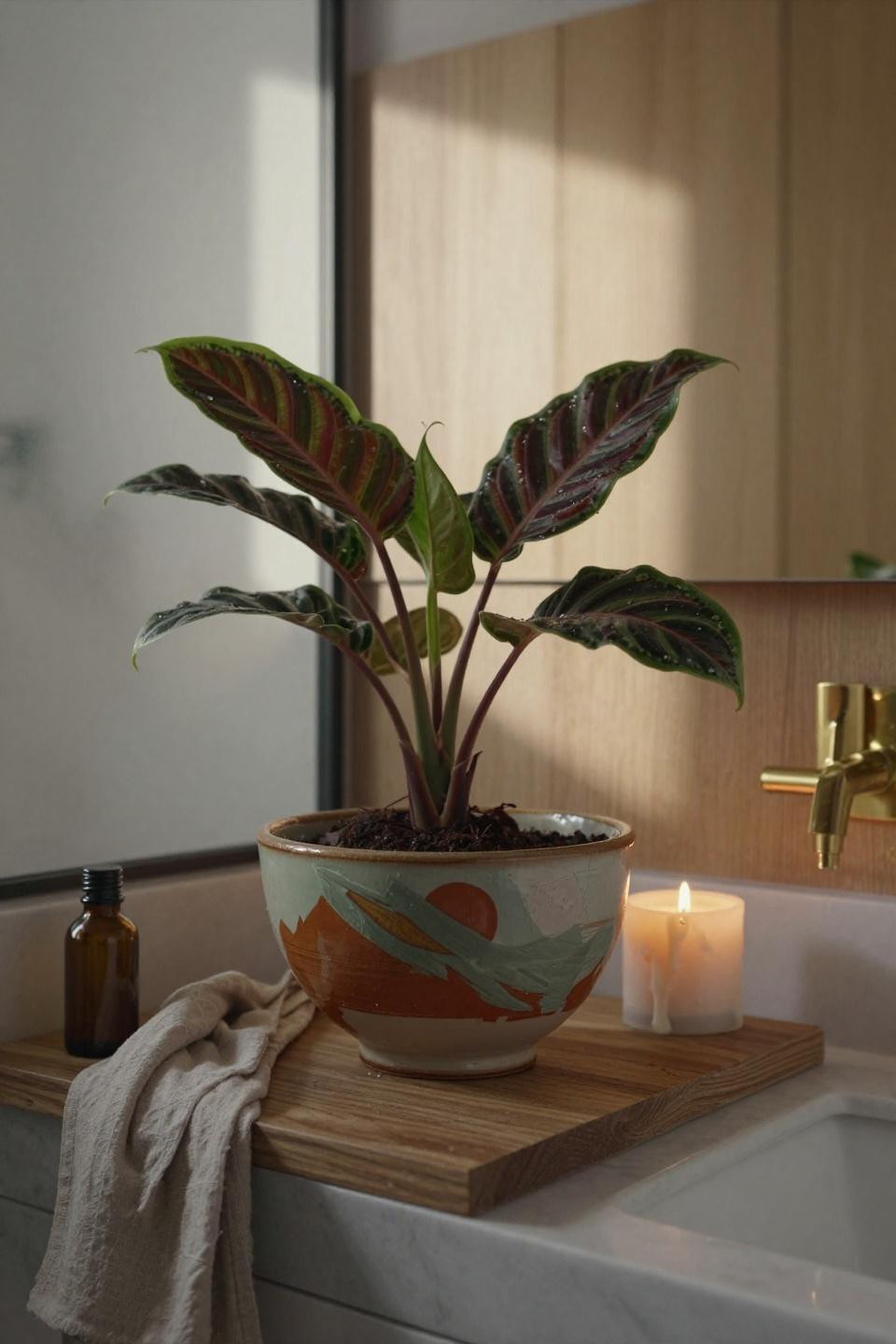 maranta prayer plant in hand-painted glazed ceramic bowl with abstract terracotta and sage strokes