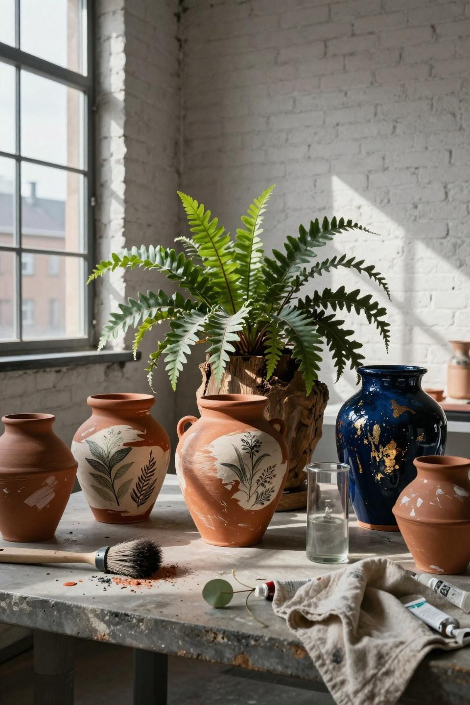 collection of hand-painted terracotta pots with botanicals and gold leaf accents holding staghorn fern
