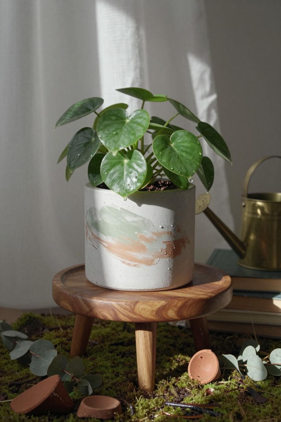 pilea plant in hand-painted white concrete pot with sage brushstrokes on sculptural walnut plant stand