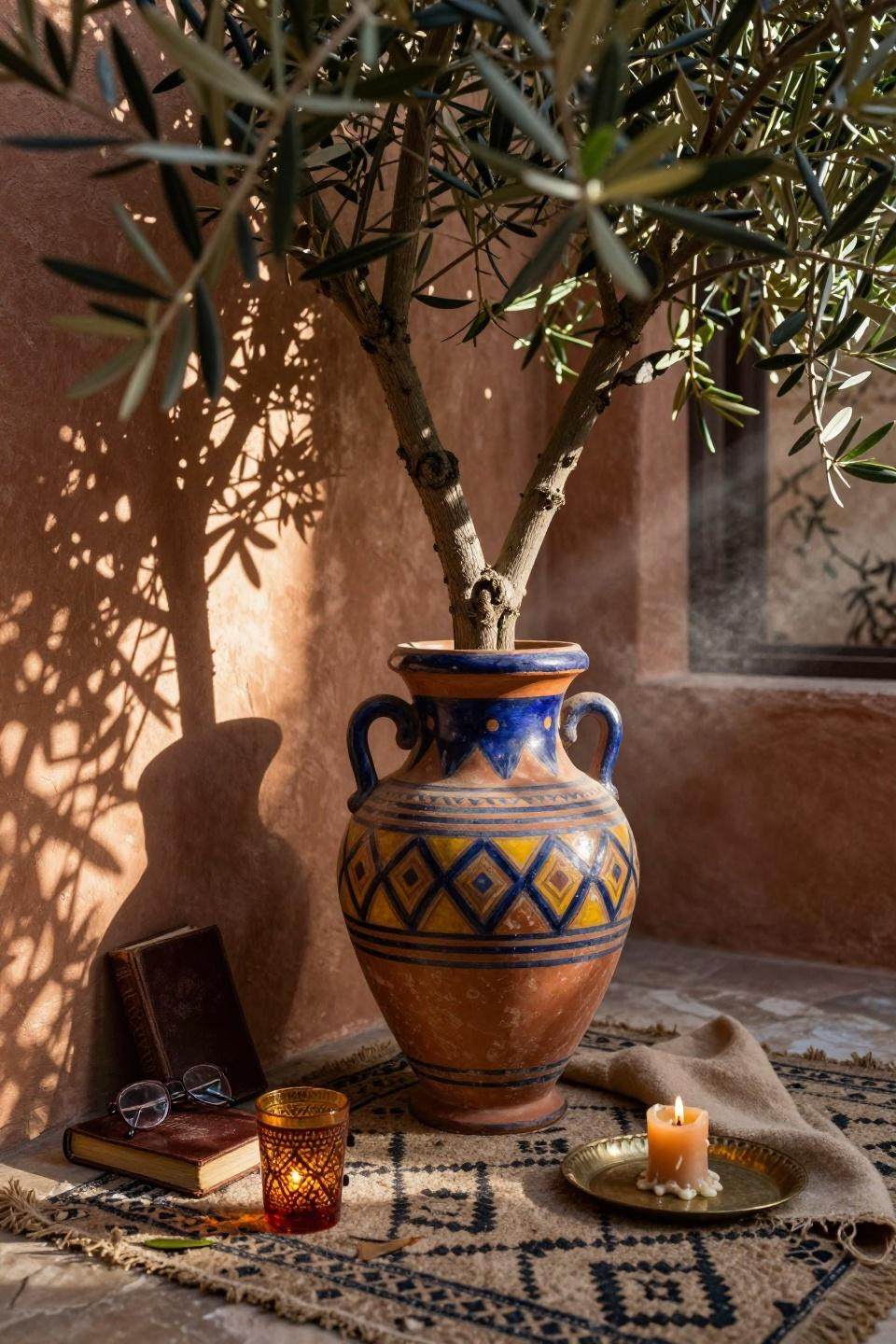 olive tree in hand-painted terracotta urn with indigo and saffron geometric patterns on beni ourain rug