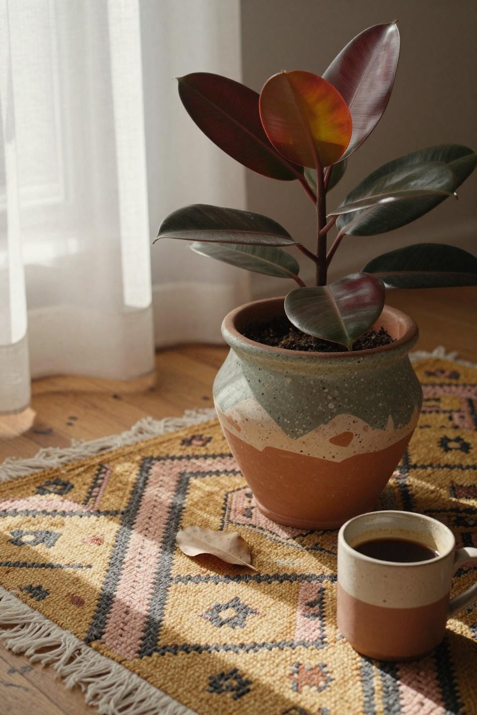 rubber plant in terrazzo-inspired painted pot with sage and terracotta speckles on moroccan rug