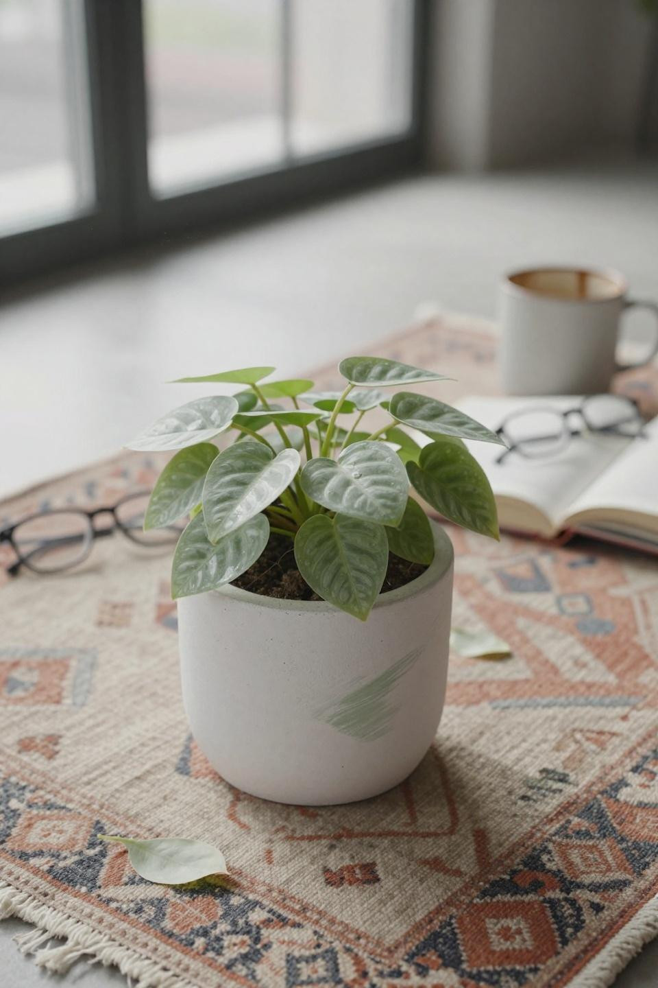 pilea peperomioides in white concrete pot with sage green abstract strokes on vintage turkish kilim rug