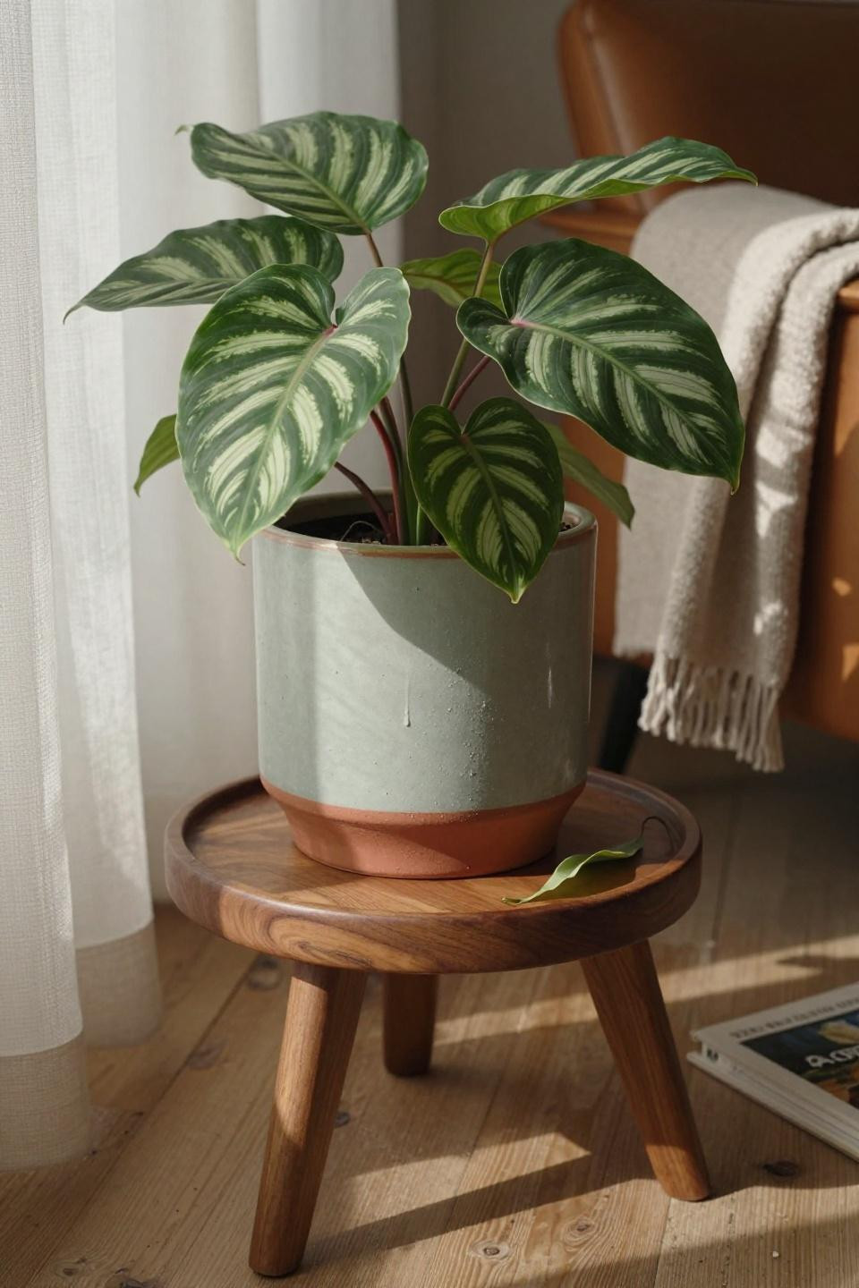 calathea orbifolia in hand-painted ceramic planter with sage and terracotta brushstrokes on sculptural walnut stand