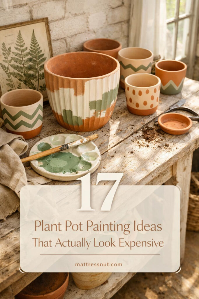 Collection of hand-painted terracotta and ceramic plant pots featuring geometric patterns, gold accents, and modern designs