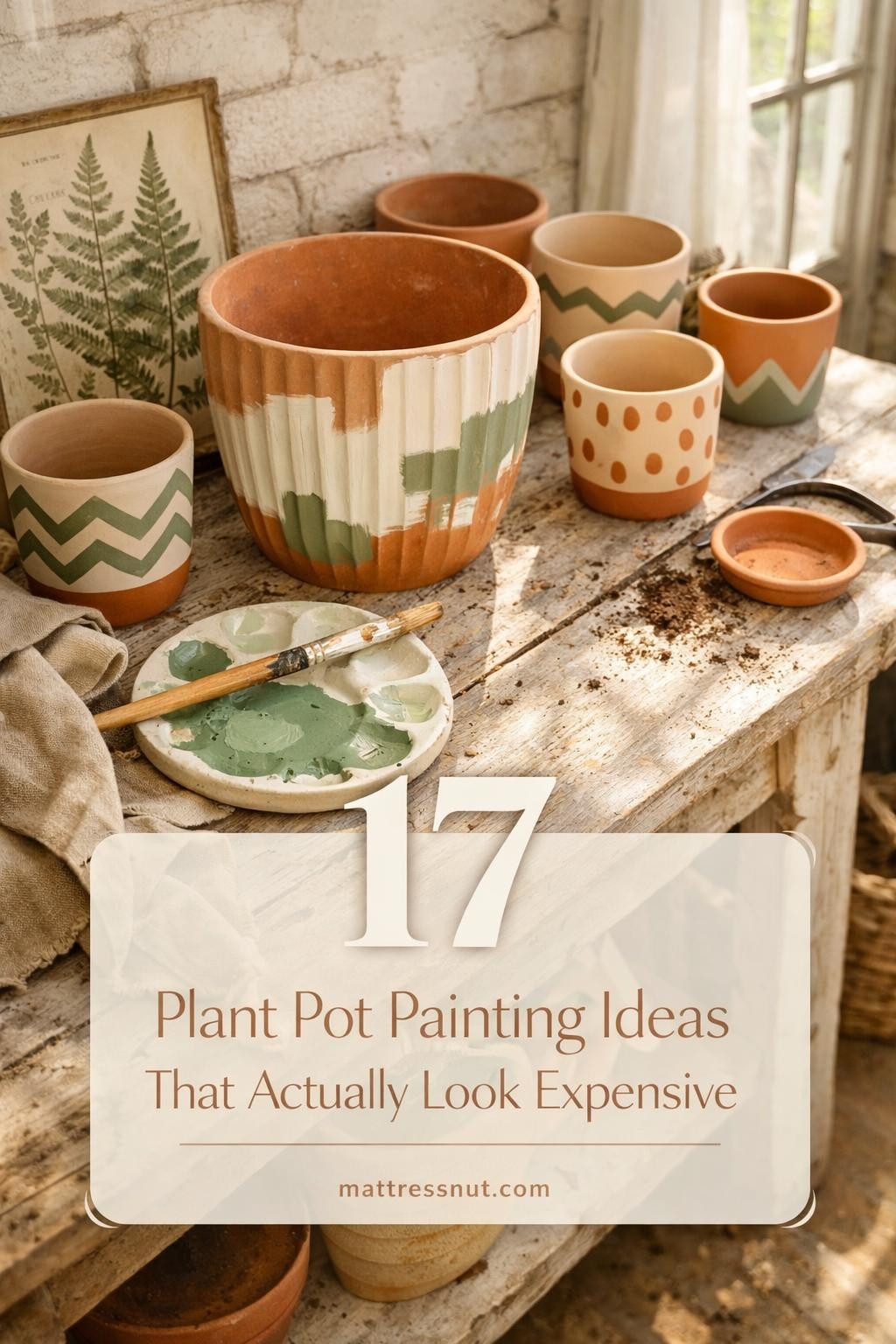 Collection of hand-painted terracotta and ceramic plant pots featuring geometric patterns, gold accents, and modern designs