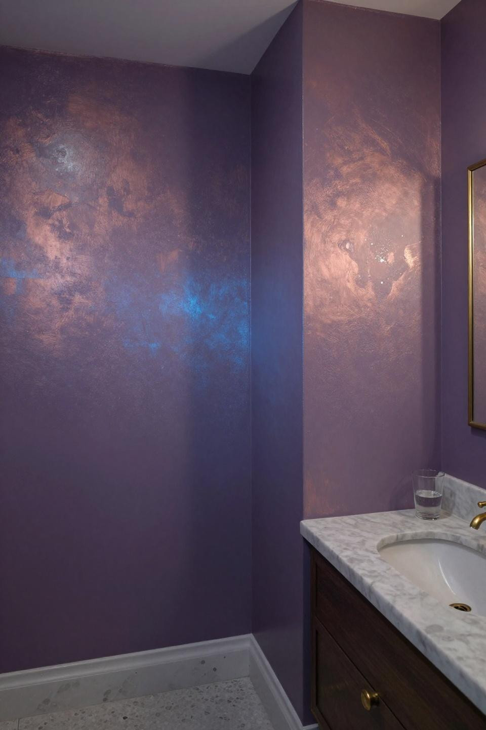 plum and grey-lavender wall color combination with unlacquered brass fixtures and crushed mother-of-pearl iridescent finish
