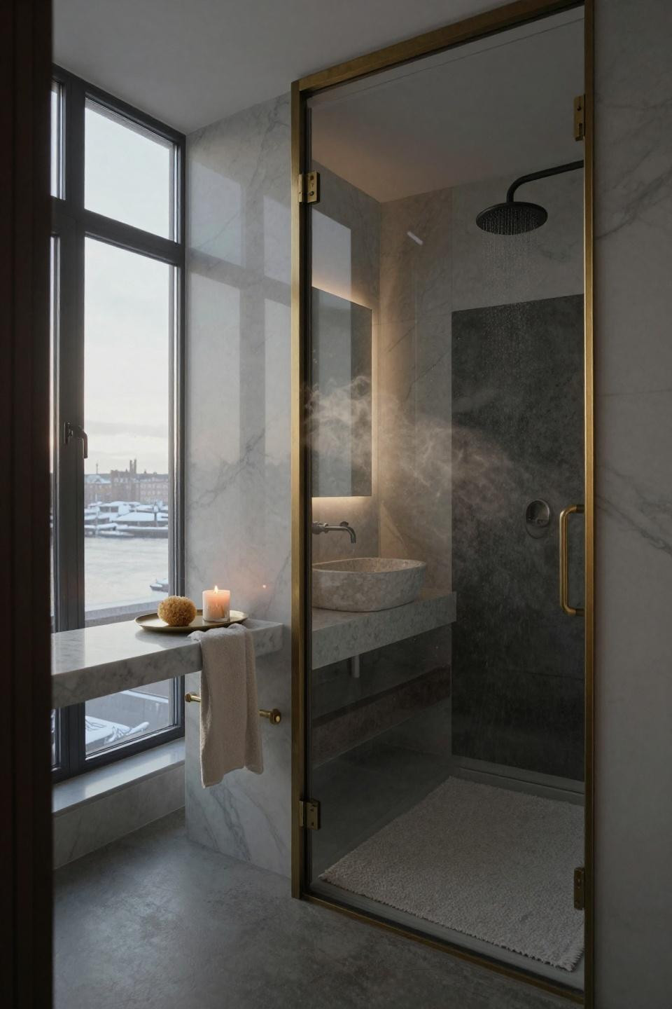 copenhagen warehouse pocket door bathroom with frameless glass walk-in shower on honed carrara marble and charcoal concrete partition