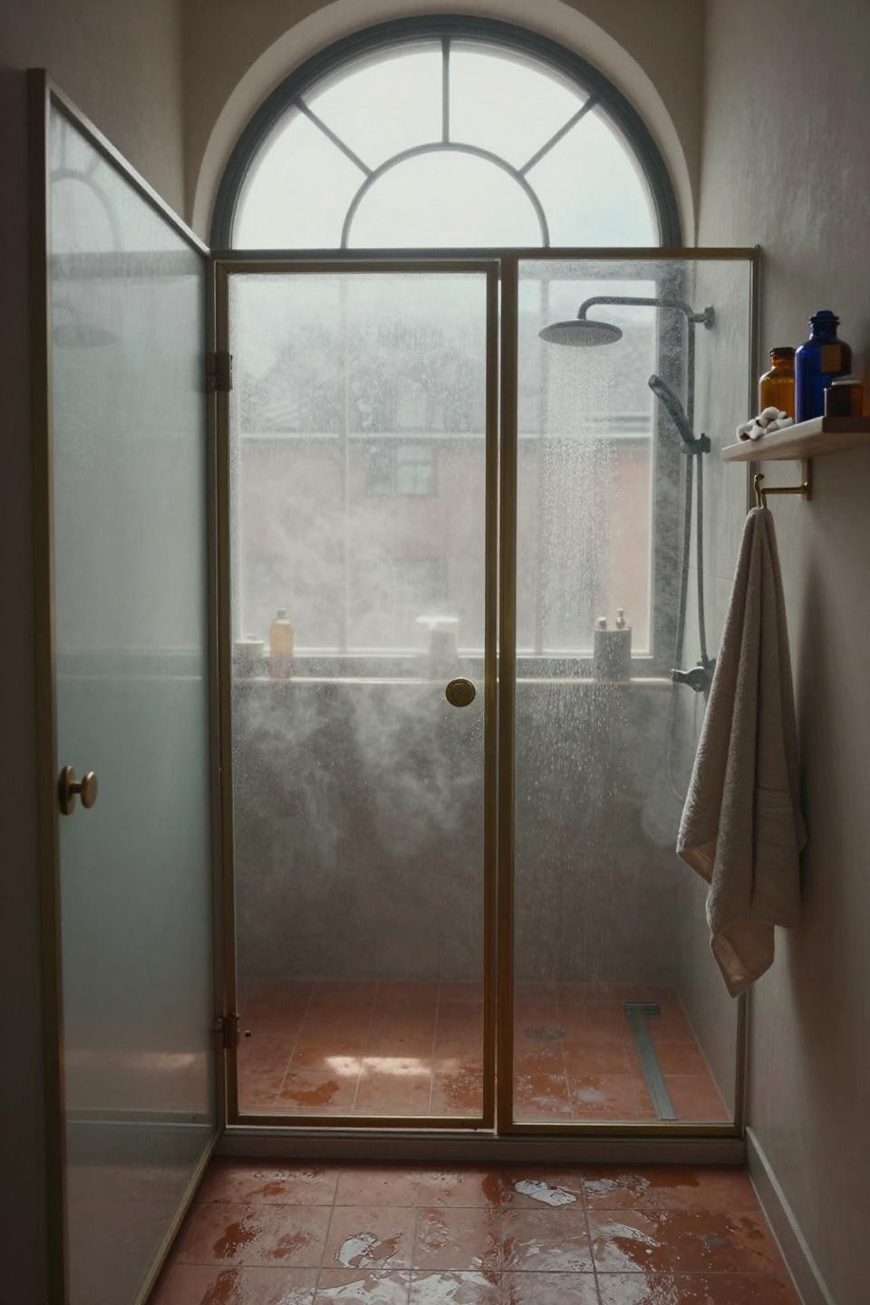 copenhagen ensuite pocket door bathroom with glass steam shower and handmade terracotta floor tiles with brass hardware