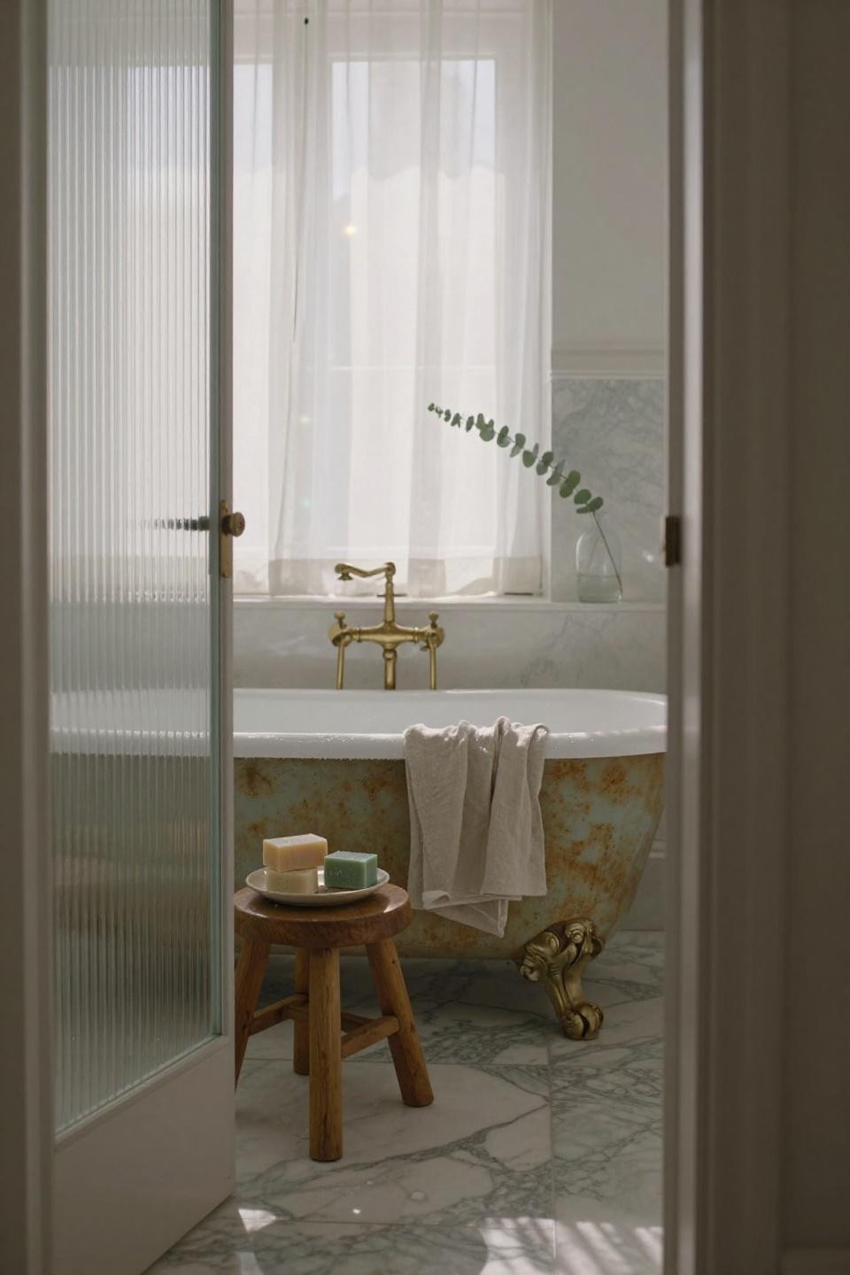 parisian bathroom pocket door with fluted glass partition and sculptural clawfoot cast iron bathtub near window
