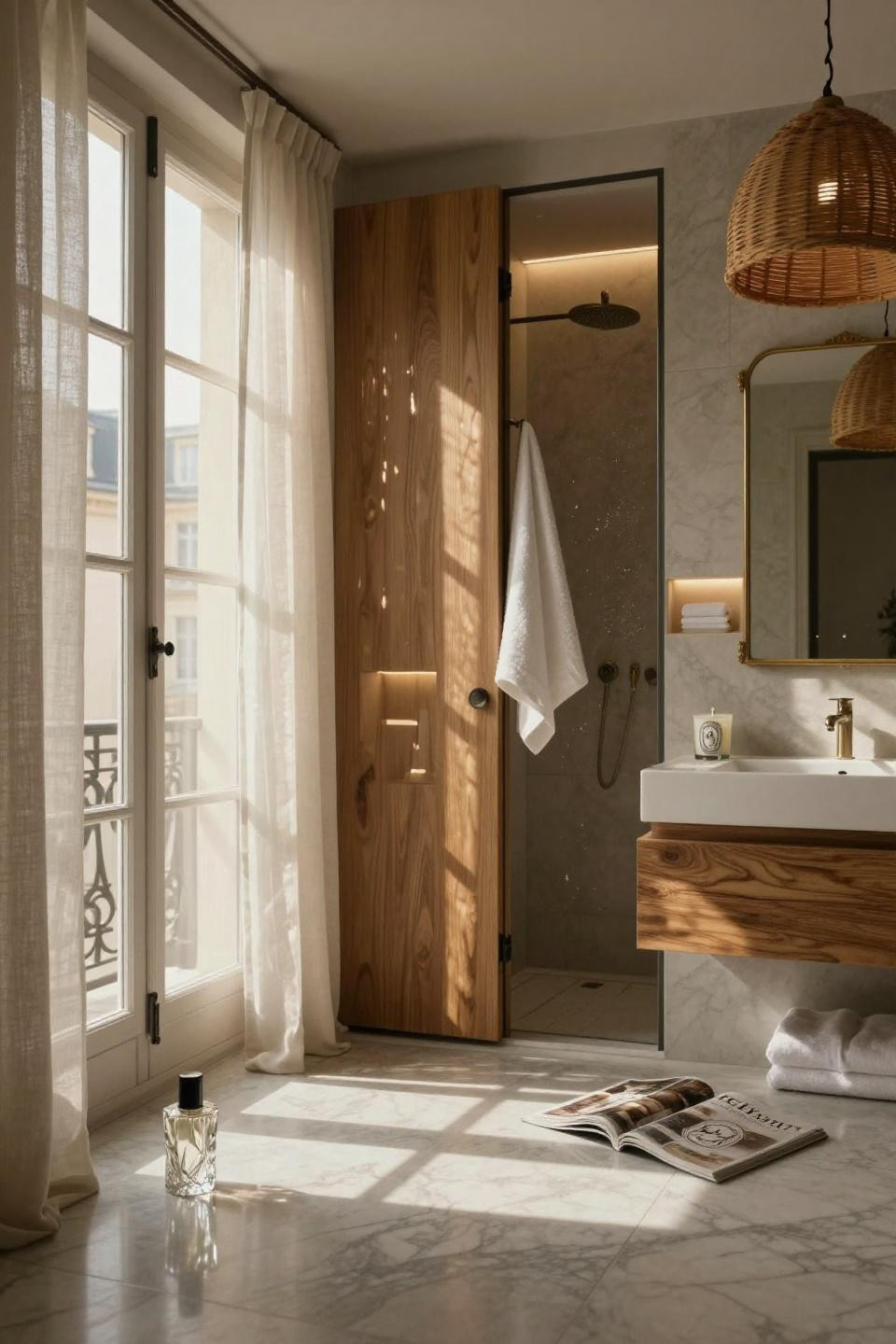 french pocket door bathroom with half-wall honey oak partition and frameless glass in parisian haussmann wet room