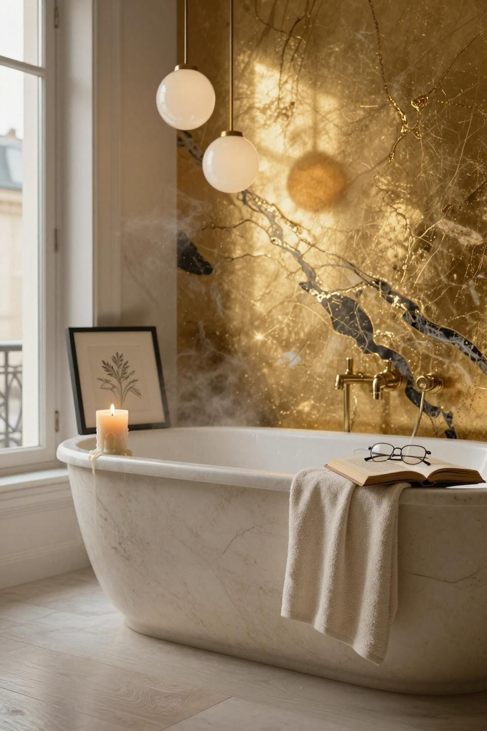 parisian ensuite bathroom with portoro gold marble accent wall behind freestanding travertine soaking tub and brass pendant lights