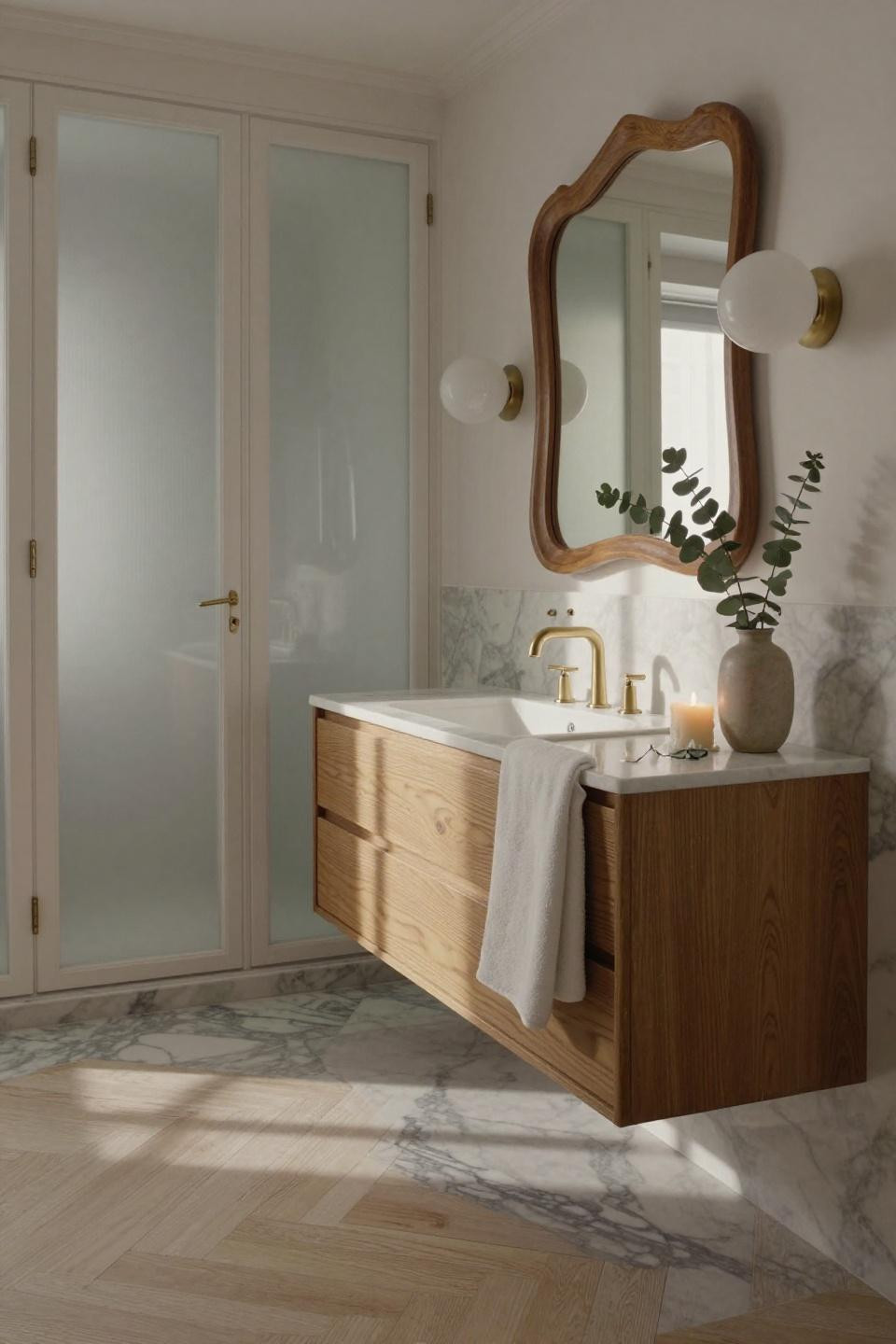 parisian ensuite bathroom pocket door with honed carrara marble flooring and floating oak vanity with brass fixtures