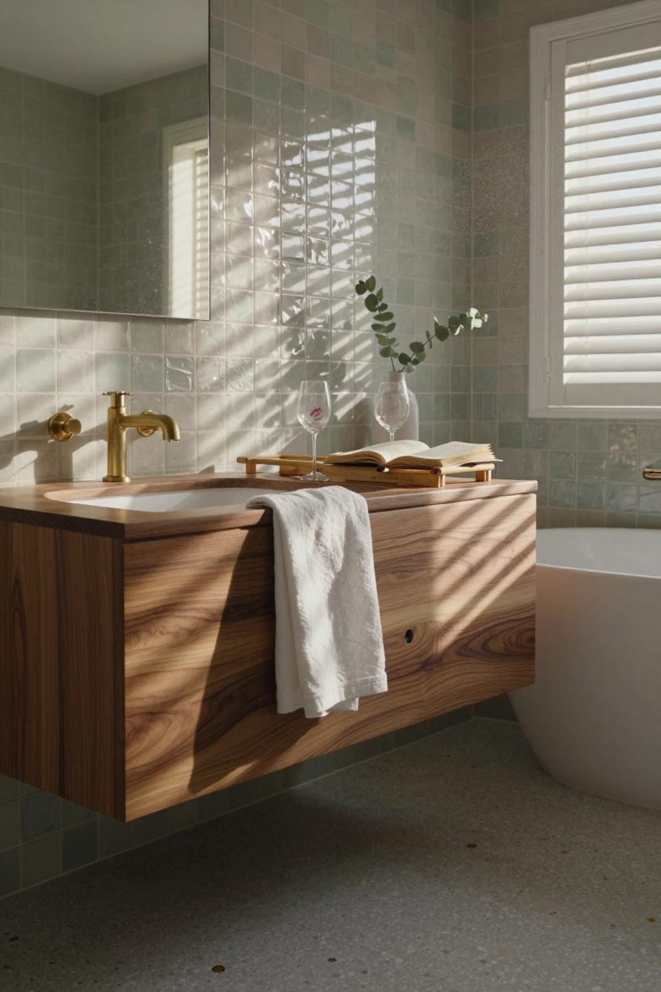 floating walnut vanity with hand-glazed zellige tiles and brass fixtures in copenhagen ensuite bathroom with pocket door