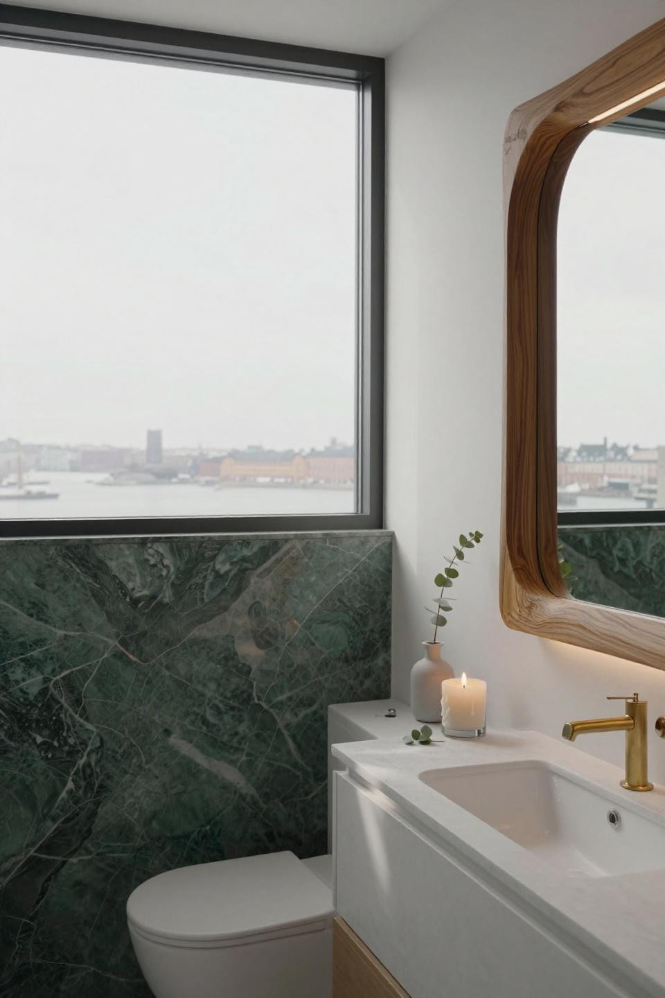 modern powder room pocket door with verde alpi green marble accent wall and wall-hung toilet in minimalist copenhagen bathroom