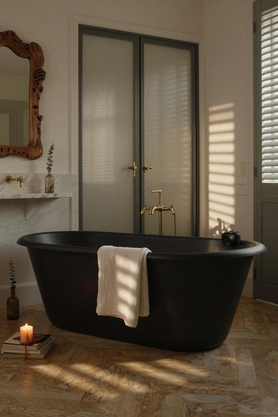 parisian haussmann pocket door bathroom with matte black freestanding tub on honey herringbone marble floors and brass fixtures