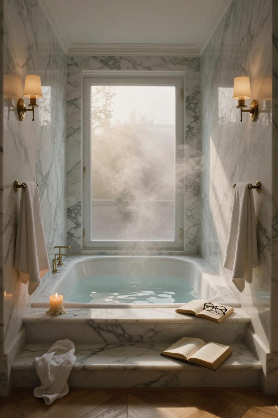 parisian penthouse pocket door bathroom with sunken calacatta oro marble tub and book-matched slabs with brass sconces