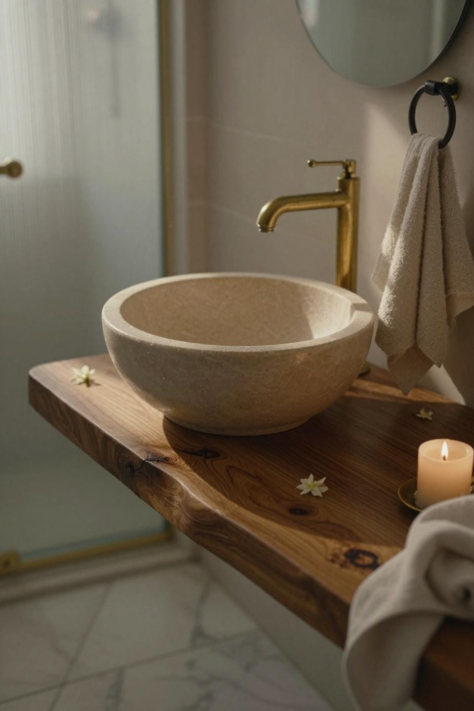 parisian ensuite pocket door bathroom with hand-carved stone vessel basin on raw-edge walnut counter and brass faucet