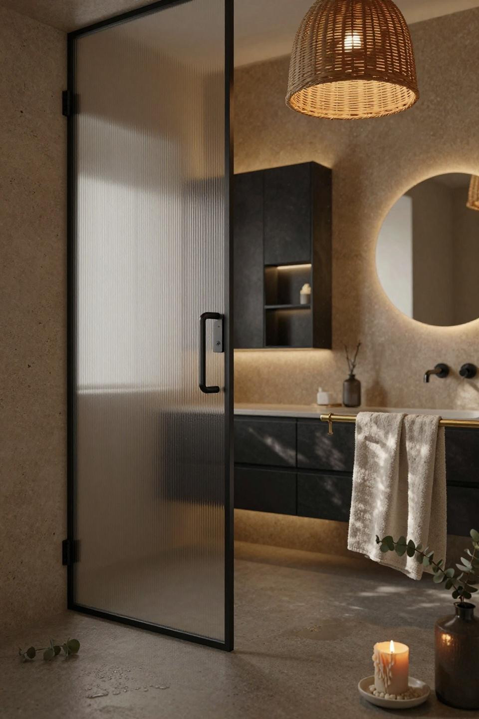 copenhagen loft pocket door bathroom with fluted glass partition and travertine walls beside brass fixtures and concrete floors