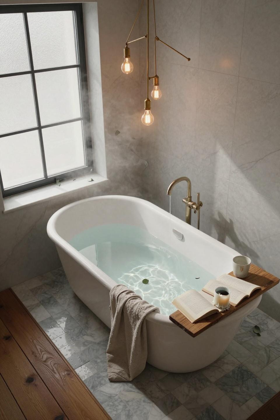 copenhagen warehouse bathroom with sunken tub pocket door and basket-weave marble tile step-down entry with edison bulbs