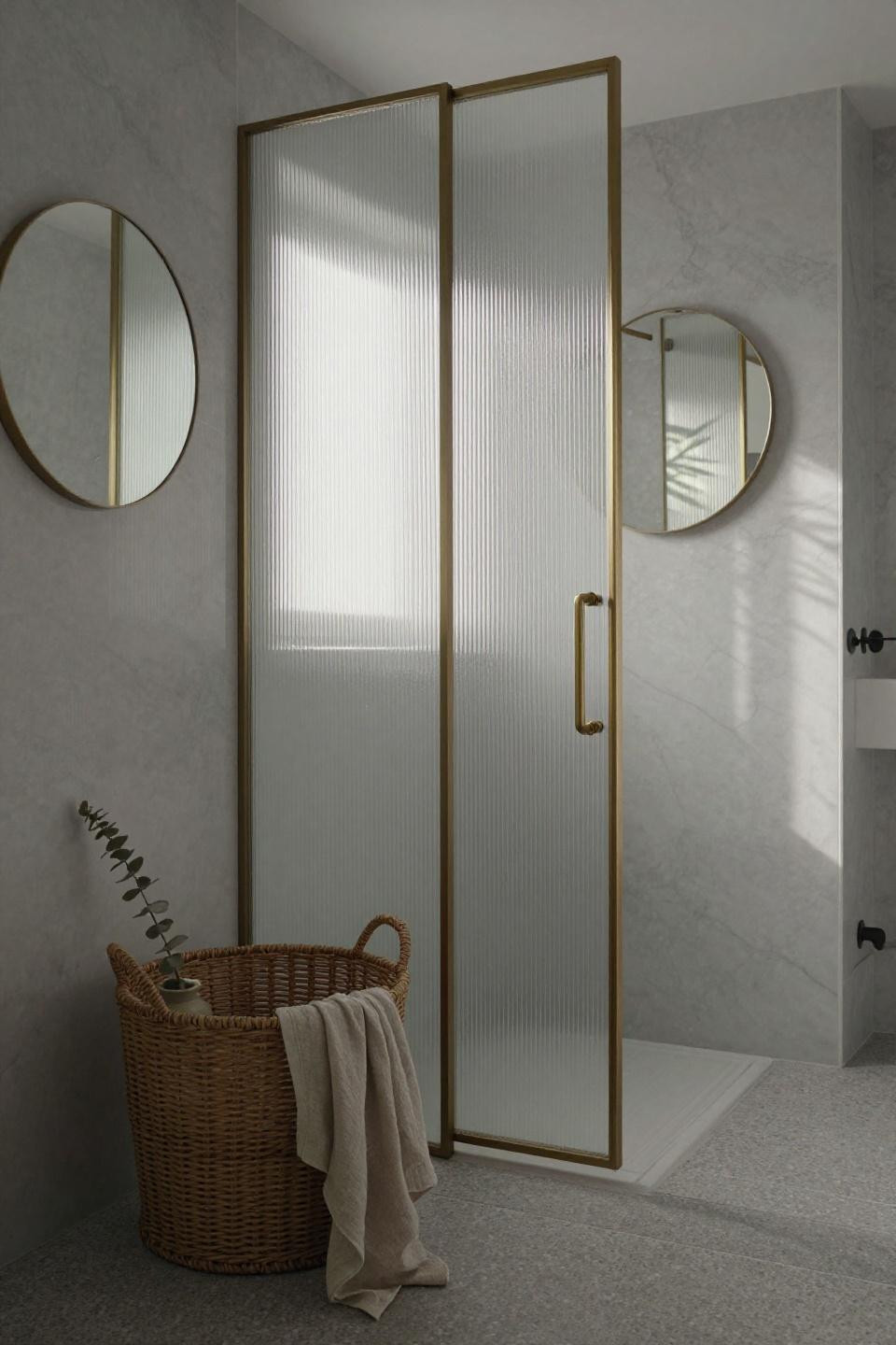 modern ensuite pocket door with frosted ribbed glass floor-to-ceiling panels and unlacquered brass hardware on marble walls