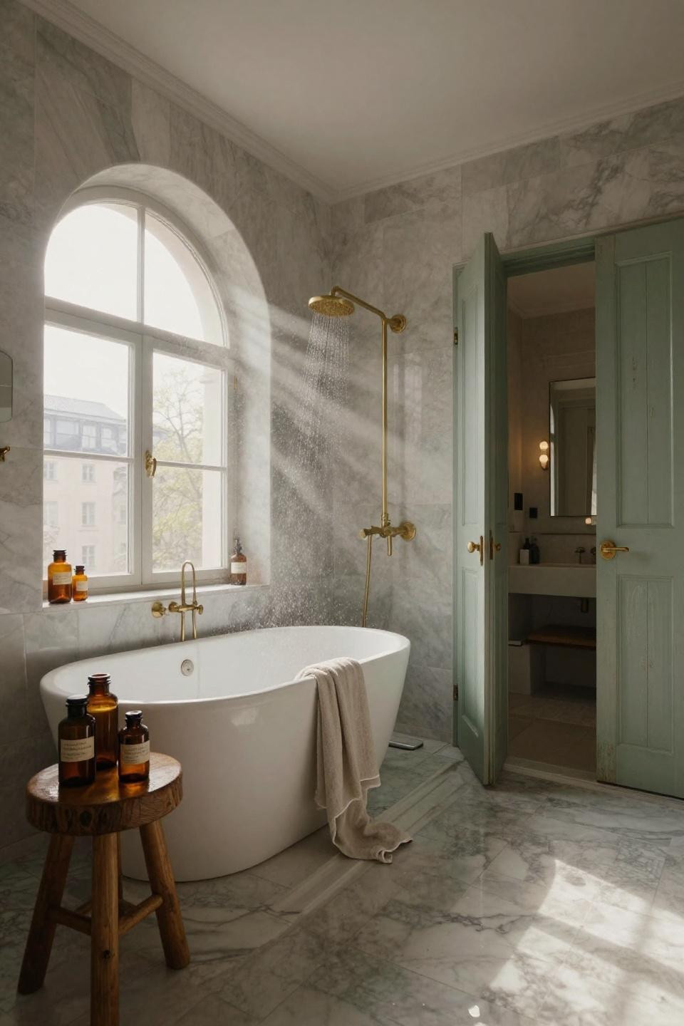 scandinavian ensuite pocket door bathroom with basket-weave carrara marble tiles and freestanding oval tub beneath arched window