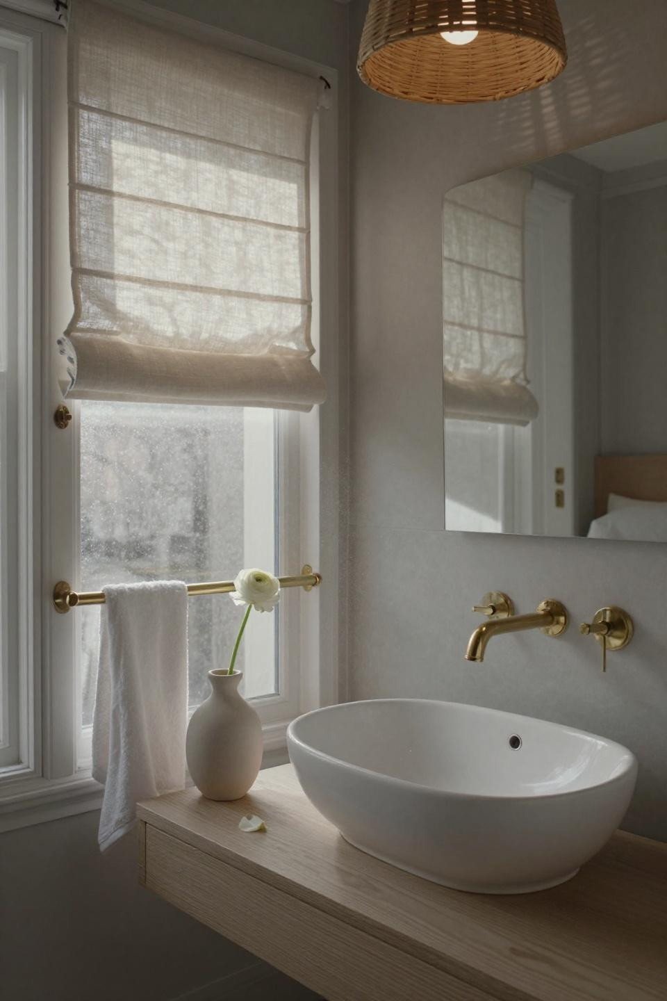parisian penthouse pocket door bathroom with white oak floating vanity and matte white vessel sink under rattan pendant light