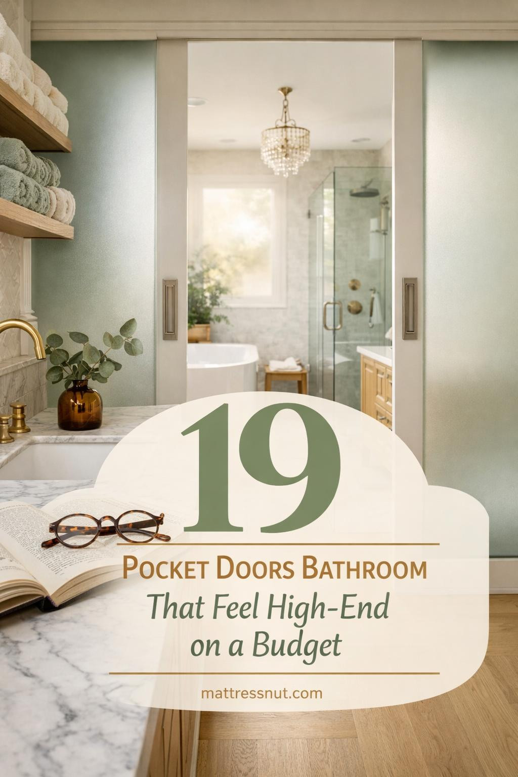 Modern bathroom with frosted glass pocket door, white subway tiles, floating vanity, and chrome fixtures in compact space