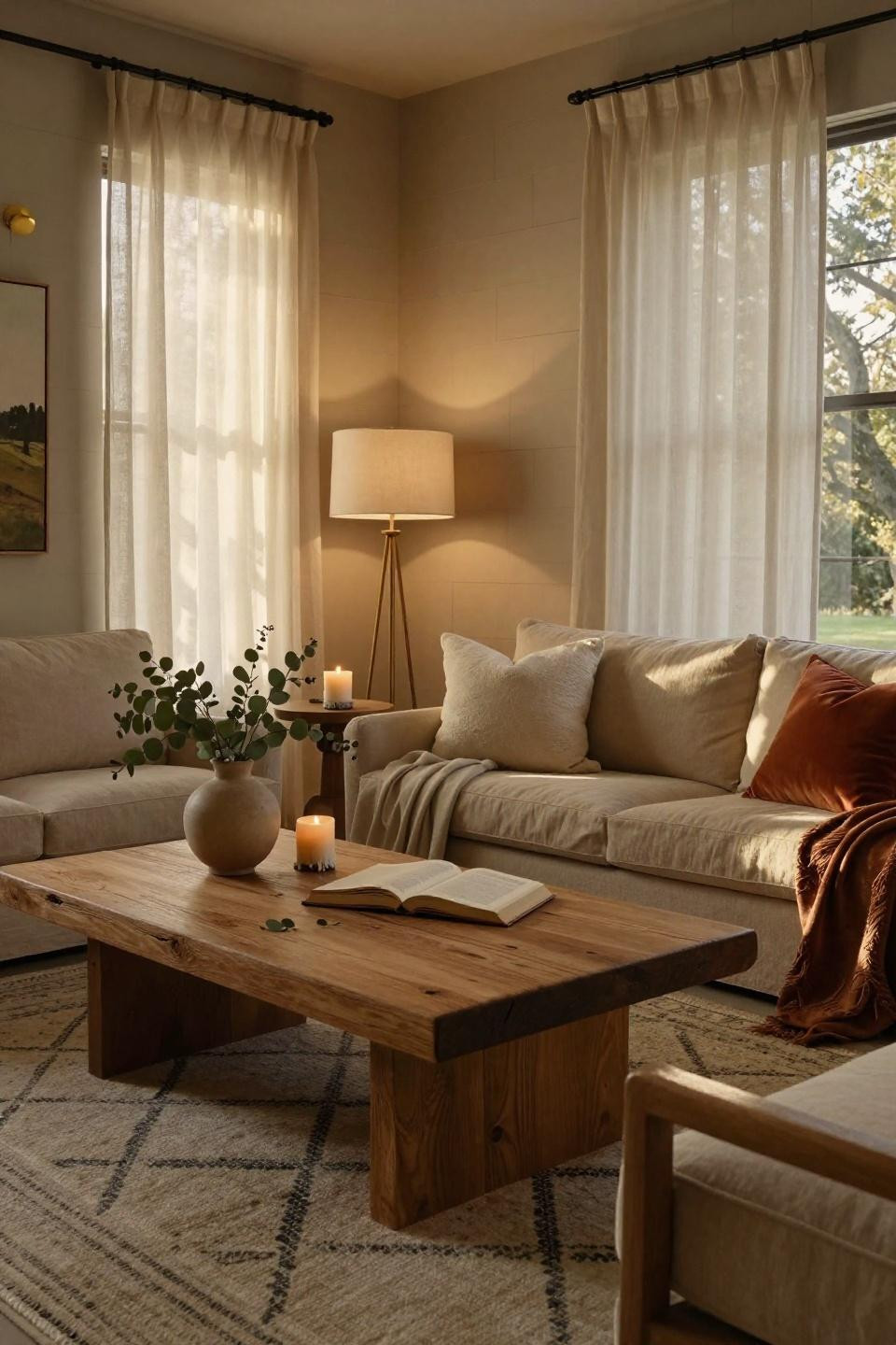family room inspiration with belgian linen sectional in warm oatmeal and hand knotted wool rug with geometric patterns