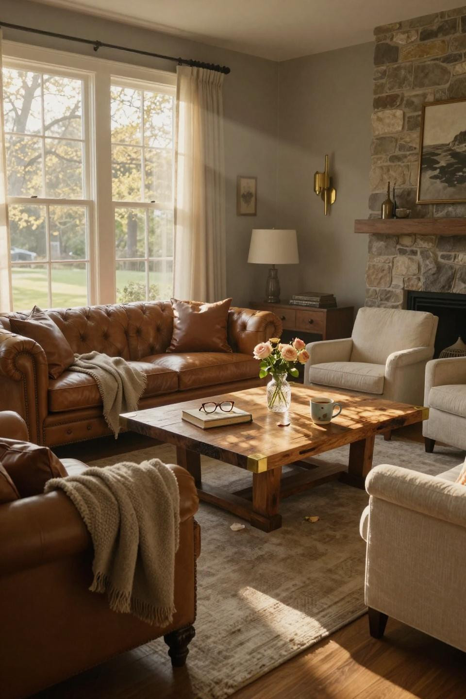 cozy family room with reclaimed barn wood coffee table featuring live edges and caramel leather chesterfield sofa