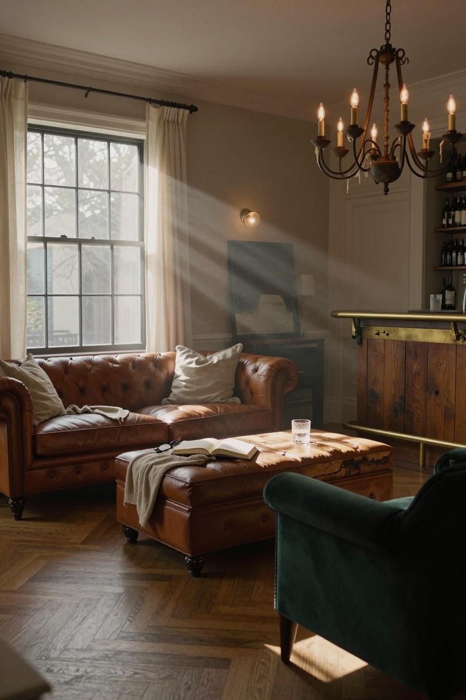 pottery barn style living room with honey toned herringbone oak flooring and cognac leather chesterfield sofa