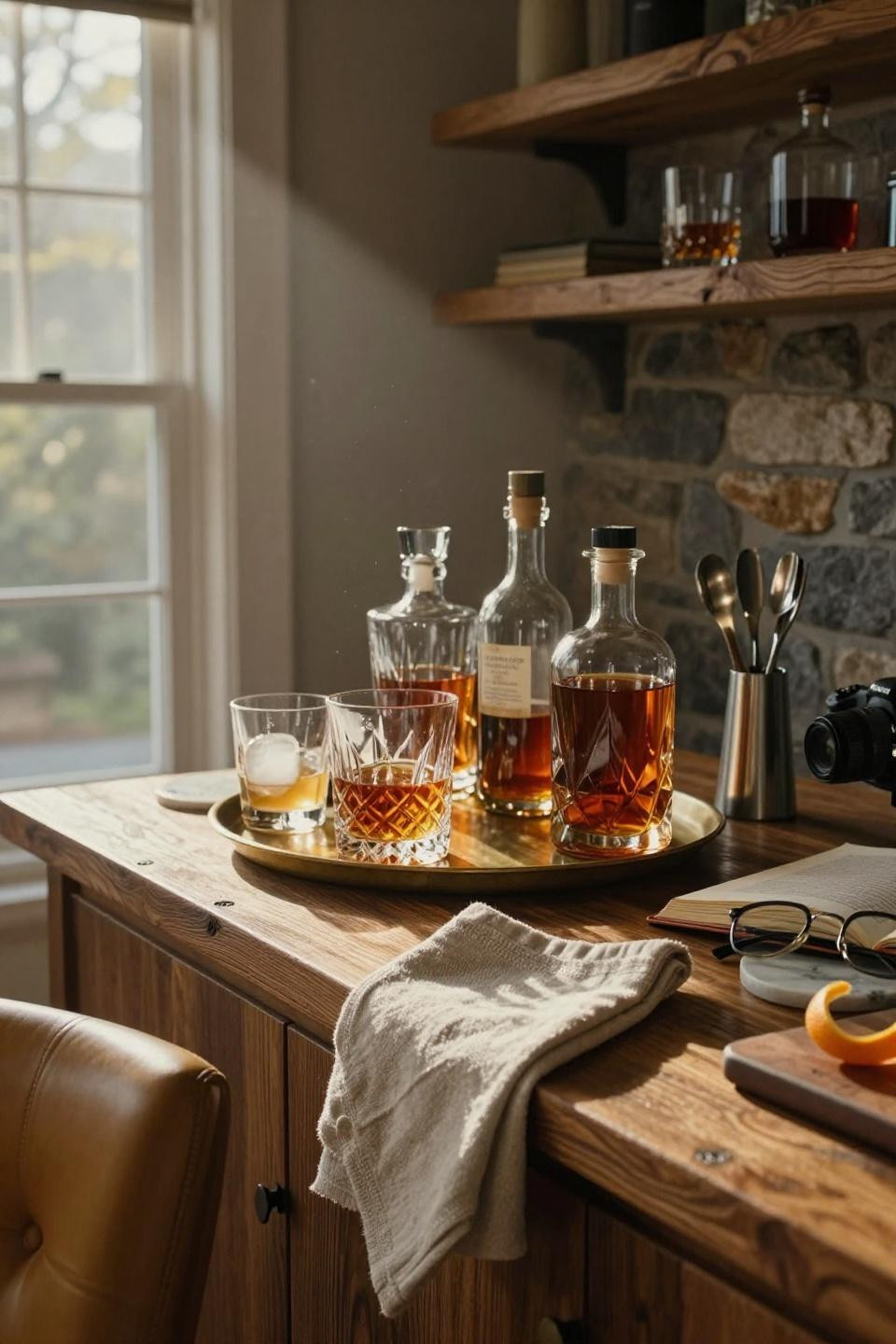 transitional living room bar station with unlacquered brass tray and crystal decanters on reclaimed oak shelving
