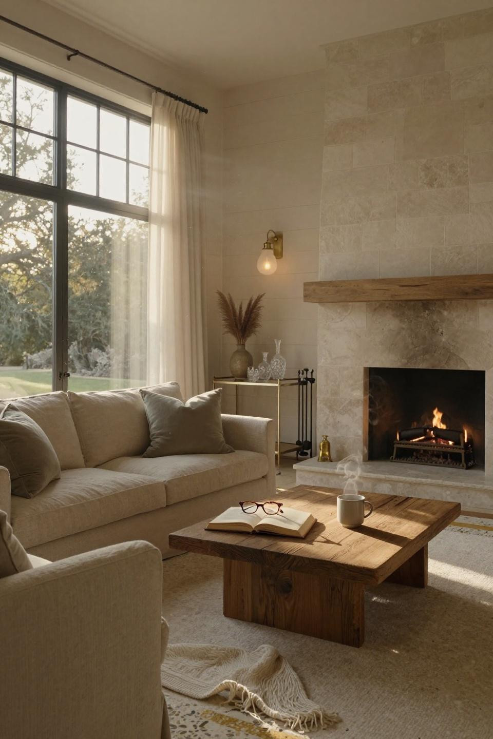 timeless living room featuring hand carved travertine fireplace with unlacquered brass fire tools and linen slipcovered sofa