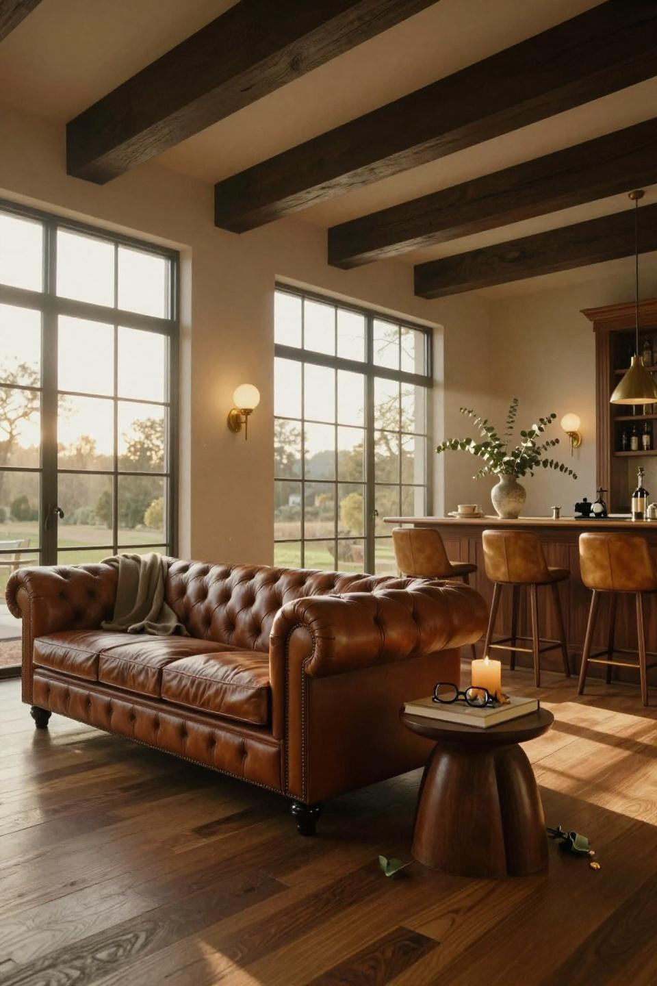 transitional living room with floor to ceiling steel framed windows and cognac chesterfield sofa at golden hour