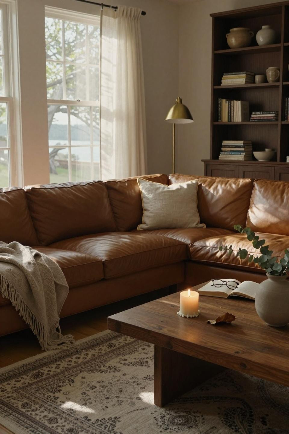 pottery barn inspired living room with cognac leather sectional and unlacquered brass floor lamp near tall windows