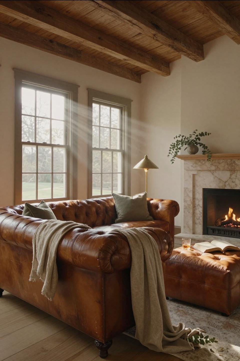 pottery barn style living room featuring hand carved travertine fireplace with flickering flames and cognac leather chesterfield