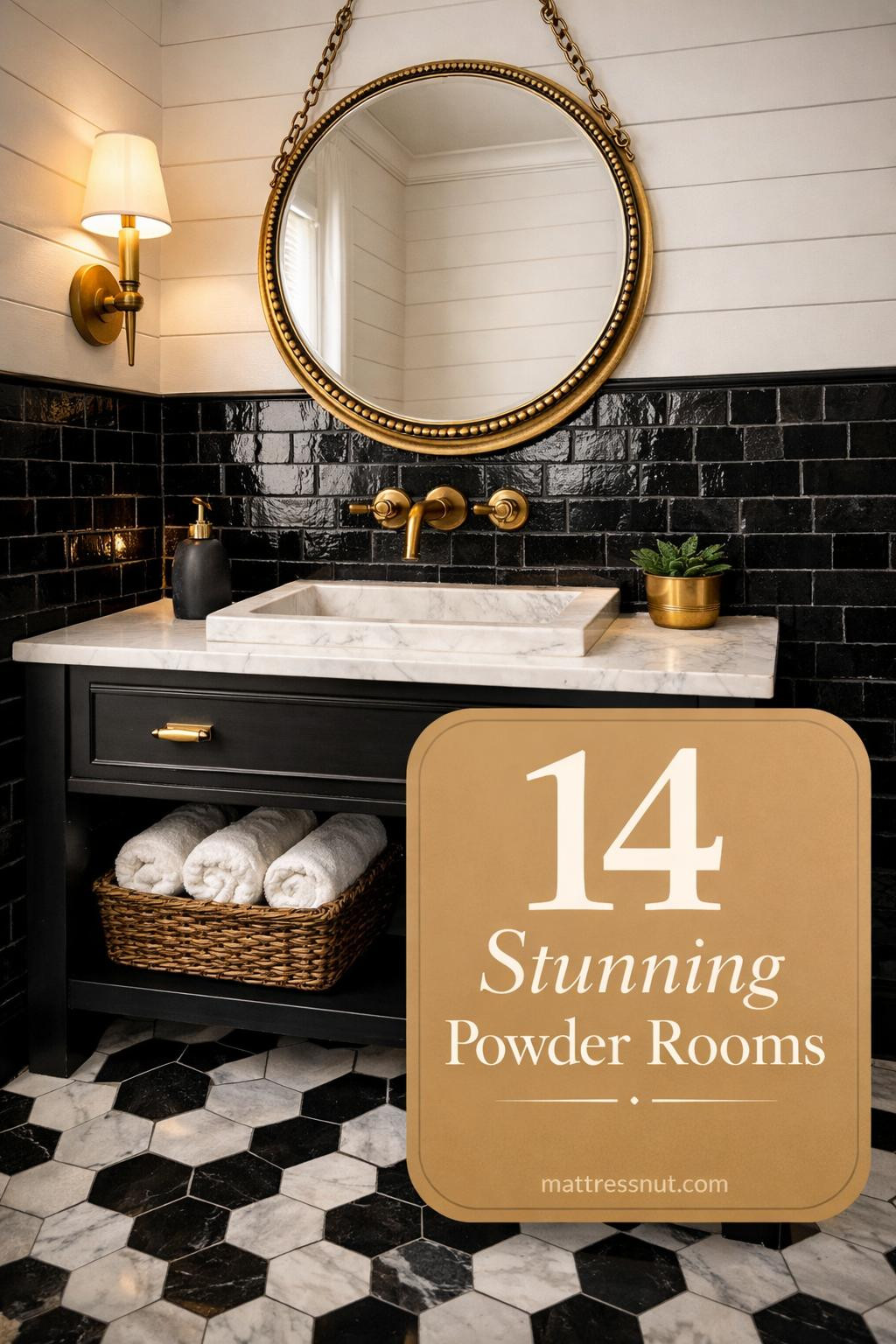 Collage showing fourteen different powder room designs with modern vanities, decorative mirrors, stylish wallpaper, and compact fixtures