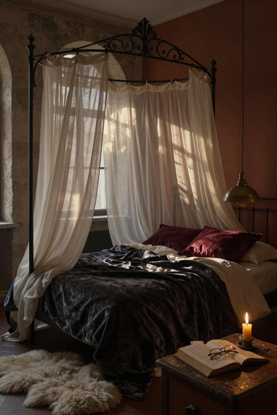 Moody Vintage Bedroom - ornate black iron canopy bed frame gauzy ivory linen