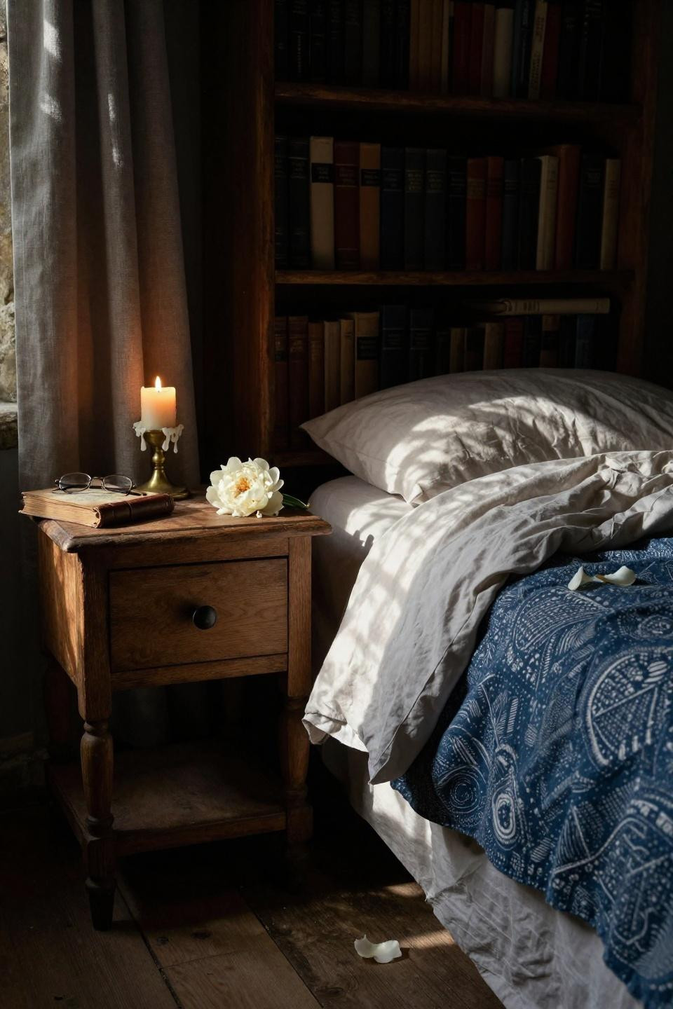 Dark Romance Bedroom - weathered oak nightstand brass candle