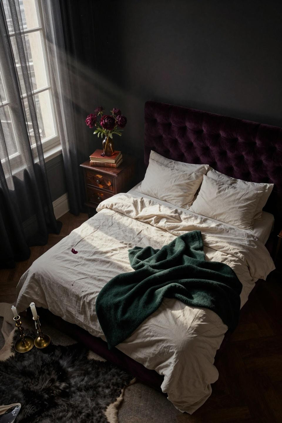Dark Feminine Bedroom - deep plum velvet tufted headboard wall-to-wall