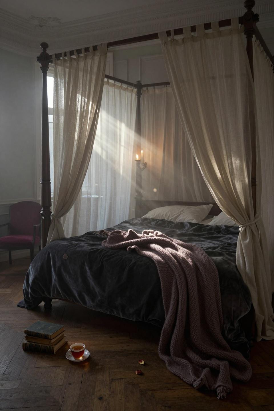 Modern Moody Bedroom - hand-carved walnut four-poster canopy bed raw linen