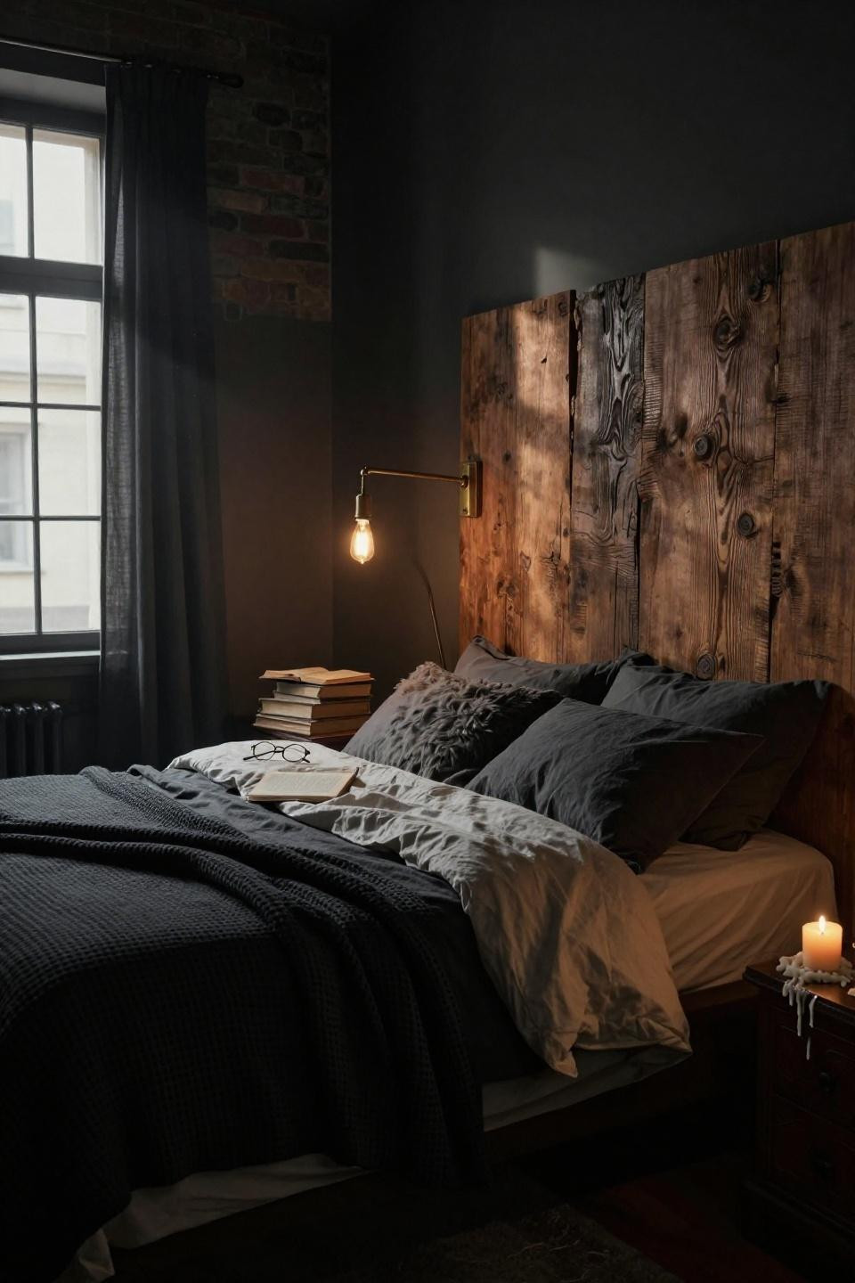 Moody Feminine Bedroom - reclaimed wood headboard wall weathered oak